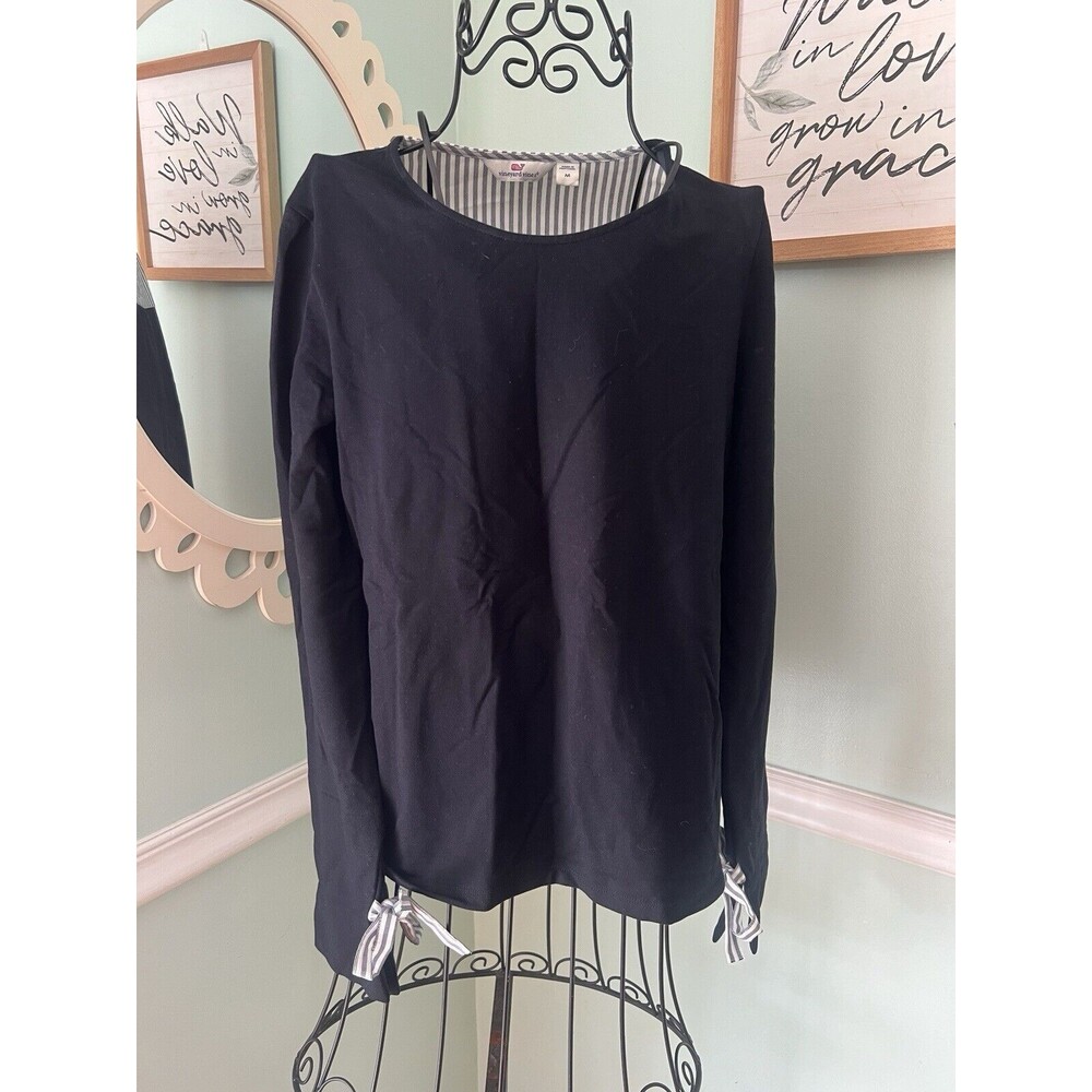 Vineyard Vines‎ Sweater M Top Navy Blue Seersucker Ribbon Wrist Ties Womens
